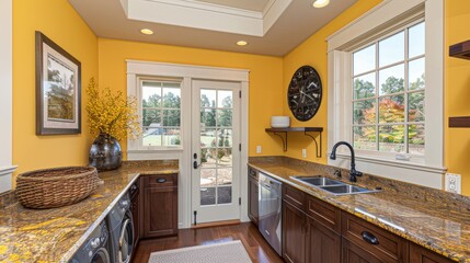 Interior of a home laundry room featuring a sleek and modern washing machine for efficient cleaning