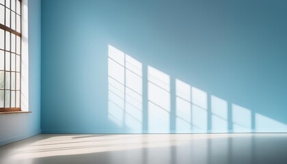 minimalistic simple background for product presentation shadow and light from windows on a light blue wall