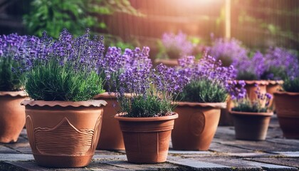 beautiful pots with blooming purple lavender