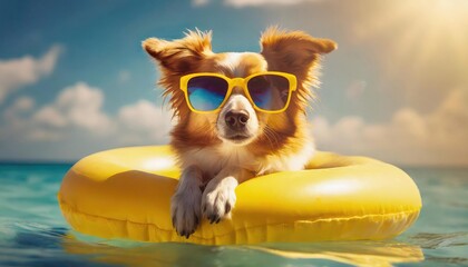 Adorable dog lounging on a yellow float in the pool, wearing stylish sunglasses under the sunny sky