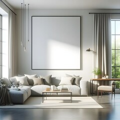 Big Mock up frame hang on white wall with long sofa in living room  