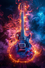 Electric guitar with rainbow paint energetic explosion, 