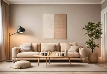 Beautiful living room interior with comfortable sofa, table, carpet and lamps suitable for relaxing or gathering with family
