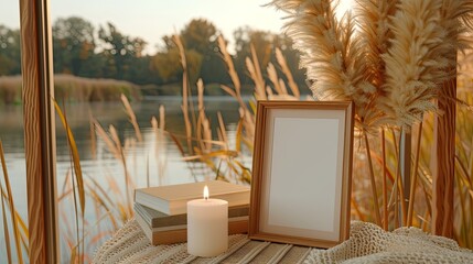 a window sill adorned with books and candles, set against a warm wooden floor, with a large blank picture frame on the wall behind it, offering a serene view of the lake outside.