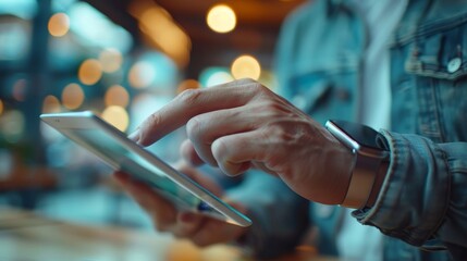A man in a suit is using a tablet to draw a line on a graph