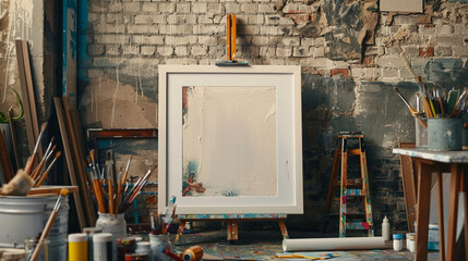 Within a contemporary art studio, a white empty frame leans against a rough brick wall, surrounded by scattered art supplies and unfinished canvases, inviting creativity and inspiration.