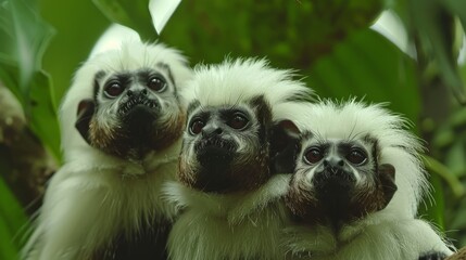   A group of monkeys seated together on a lush, green tree, abundant with leaf coverage