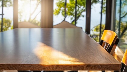 empty wooden table smooth surface in brown color with blurred background and sunlight reflection high quality photo