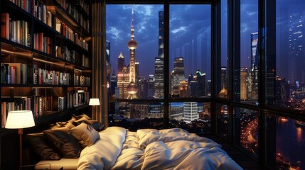 Naklejka premium a high bedroom overlooking the city, framed by floor-to-ceiling windows offering a mesmerizing night view, while inside, the minimalist white and grey interior design.