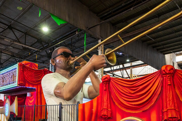 Colorful parade floats from Mardi Gras parades inside of Blaine Kern Mardi Gras World in New Orleans Louisiana USA © Marcus Jones