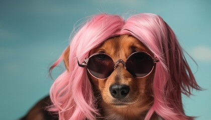 model dog with pink hair and sunglasses on teal background