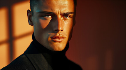 Close up portrait of male model, black turtleneck and black jacket against a pale orange wall with window frame silhouette and copy space left and right