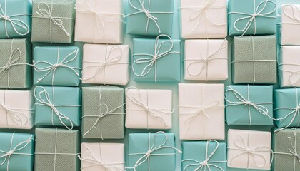 christmas presents precisely arranged in a grid trendy duck egg blue and white festive background - obrazy, fototapety, plakaty