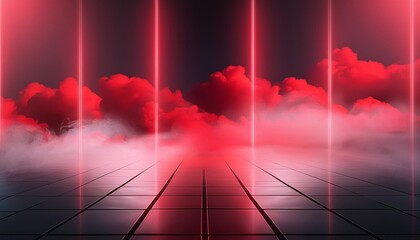 abstract red fog enveloping a reflective floor an abstract composition featuring red fog rolling...