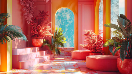 Colourful red interior room with large arches and plants
