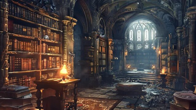 Medieval library interior with lot of books and study animation