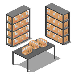 isometric elements storage room warehouse with parcels and shelves vector flat illustration