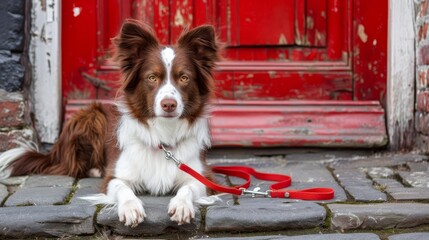   A brown-and-white dog lies beside a red door, its leash resting nearby