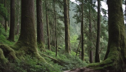 canadian rain forest beautiful view of fresh green trees in the woods with moss taken in golden ears provincial park near vancouver british columbia canada panorama nature background