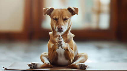 Cute funny dog sitting in the lotus position, practicing meditation and yoga