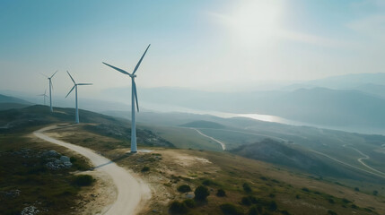 Wind turbines or generators outdoors in nature on a sunny day. Sustainable energy source.