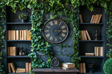 Garden room wall with clock and book shelves