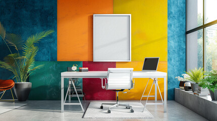 Vibrant pops of color punctuate a modern office room, with a blank white frame standing as a silent invitation for imaginative exploration.