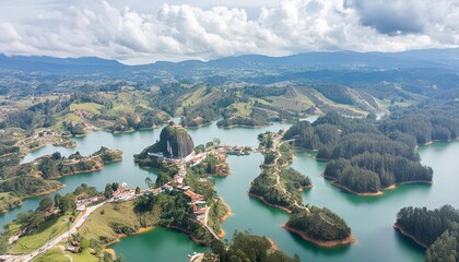 aerial view of guatape a complex of bay and inlets in antioquia colombia