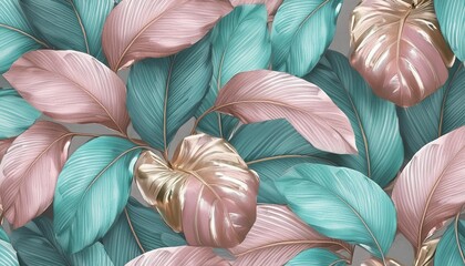 shiny tropical leaves pastel colored in turquoise mint purple pink rose gold blue watercolor 3d illustration luxury wallpaper premium high quality seamless mural pattern digital art tattoos