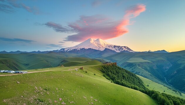elbrus mount with pink clouds at sunrise view from gil su valley in north caucasus russia