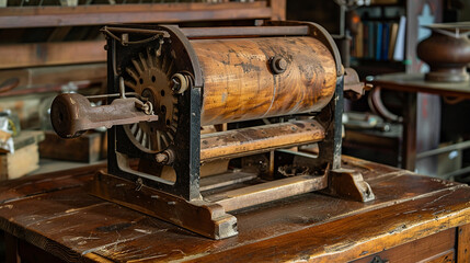 A vintage hand-cranked grain mill, its sturdy wooden frame a testament to years of hard work on the farm.