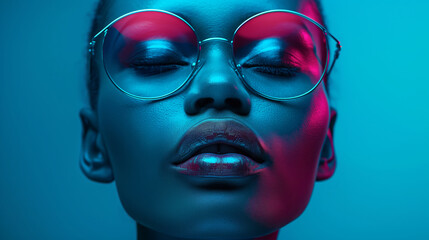 Close up up of a stylish black woman with red lipstick and sunglasses