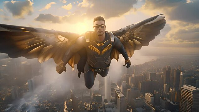 Superhero flying in the sky with costume and cape. Action movie blockbuster shot