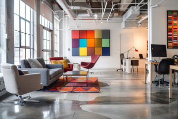 Vibrant office space with sleek furnishings and a blank white frame, providing a backdrop for creative exploration.