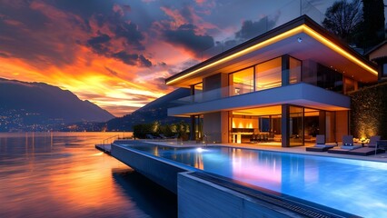 Luxurious Lake Como mansion with modern design pool and stunning sunset views. Concept Luxury Homes, Lake Como, Modern Design, Sunset Views, Poolside Living