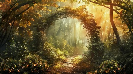 Obraz premium magical archway covered in vines enchanted fairy tale forest landscape digital art