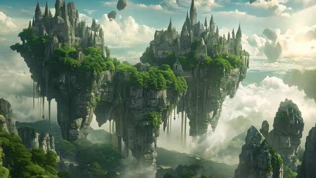 Capture the awe-inspiring sight of a solitary island defying gravity, suspended gracefully amidst the endless sky, A magical kingdom with floating heart-shaped islands