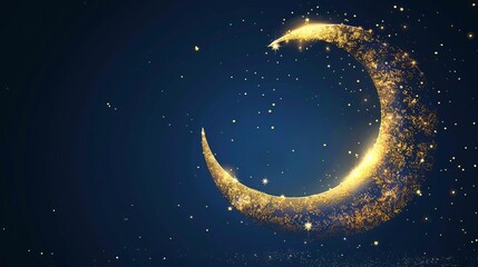 Obraz na płótnie Canvas glowing golden crescent moon on dark blue background eid alfitr celebration illustration