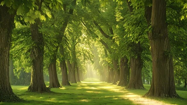 The suns radiant light shines through the tall trees in the park, illuminating the surrounding scenery, A magical light filtering through an alley of dense linden trees in a park