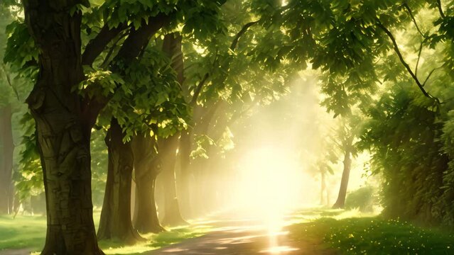 A picturesque road winding through a lush landscape of trees and grass, A magical light filtering through an alley of dense linden trees in a park