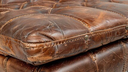   A detailed view of a brown leather chair Stitching adorns the chair's back, while a solitary button sits prominently there