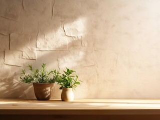 Brown minimalistic abstract empty stone wall mockup background for product presentation. Neutral industrial interior with light, plants, and shadow