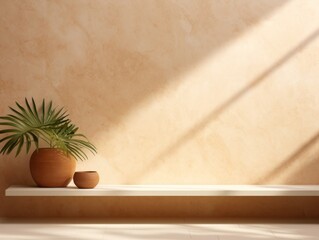 Brown minimalistic abstract empty stone wall mockup background for product presentation. Neutral industrial interior with light, plants, and shadow