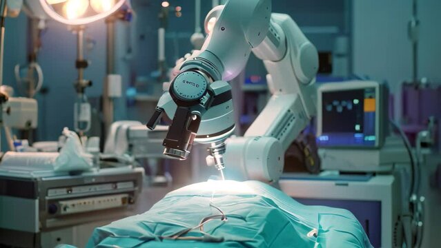 Robot Operating Medical Device in Hospital, Streamlining Healthcare Efficiency, A medical robot performing a delicate surgery
