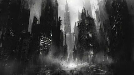gritty noir cityscape with towering skyscrapers and shadowy street misty cold sin city charcoal digital painting