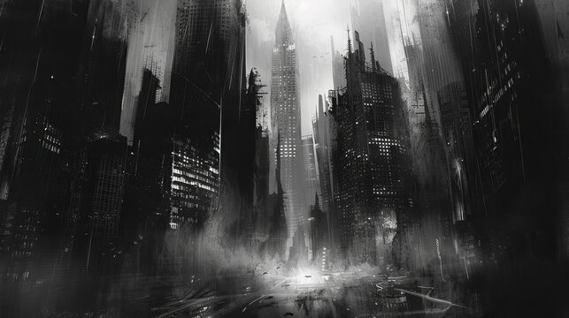 gritty noir cityscape with towering skyscrapers and shadowy street misty cold sin city charcoal digital painting