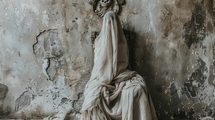   A woman statue holding a skull-topped head before a wall with peeling paint