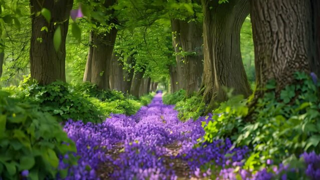 Experience the tranquility of this serene path, meandering through a lush forest adorned with vibrant purple flowers, A mesmerizing tree alley with a carpet of violets blooming