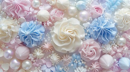 a white background, featuring a delicate frame adorned with roses and pearls, accented with pastel hues of pink, blue, and white, exuding timeless romance and sophistication.