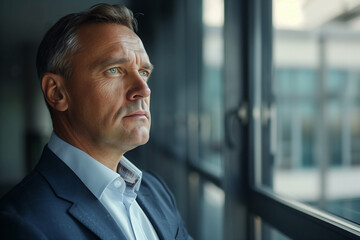 Fototapeta premium Portrait of mature businessman standing near window in office and looking away